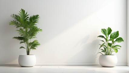 Two potted plants are placed in front of a white wall