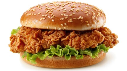 A tasty and succulent fried chicken sandwich topped with crisp lettuce on a sesame seed bun set against a white backdrop Ideal for a convenient meal or a fulfilling treat