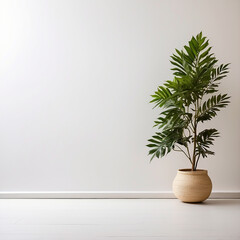 A large plant is sitting in a small pot on a white wall
