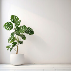 A large plant is sitting in a white pot on a wooden floor