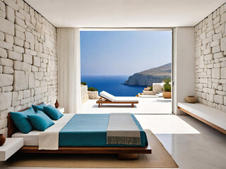modern luxury bedroom with blue windows