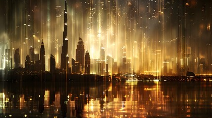 A colorful fountain show illuminates the night sky over a bustling city with water cascading in the vibrant lights