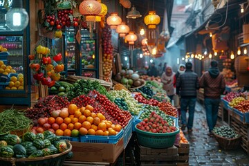 Obraz premium Crowded marketplace with colorful fruits and vegetables. Shoppers browse under warm lights, creating a lively, vibrant atmosphere.