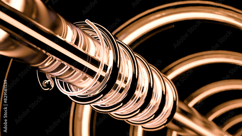 Poster neon lines rotate around pipe. design. animation of mechanical rod with rotating neon lines. neon li