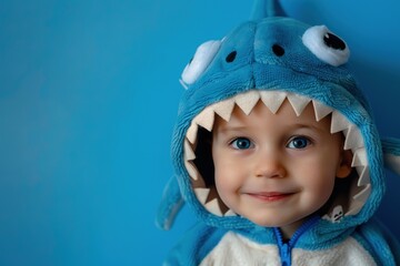 Cute little boy in a shark costume against blue background