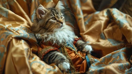Realistic lifelike Devon Rex cat kitty kitten in renaissance regal medieval noble royal outfits, commercial, editorial advertisement, surreal surrealism