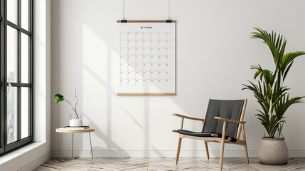 potrait wall calendar and poster beside it inside a room, suitable for calendar design presentation