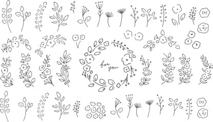 韓国風手描きの草木イラスト。草木のベクター線画。可愛い手描きの草木フレーム。Korean style hand drawn illustration of plants and trees. Vector line drawing of plants and trees. Cute hand-drawn grass and trees frame.
