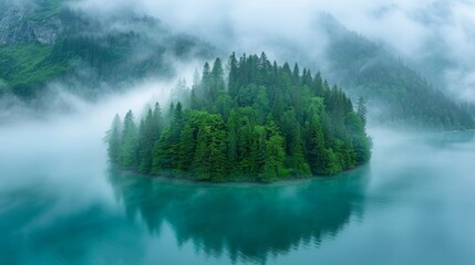 An incredible view showcasing an idyllic, mist-covered island adorned with lush, dense greenery nestled in the emerald waters of a serene mountain lake