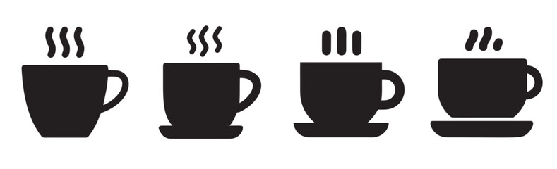 Collection of minimalist coffee and tea cup icons, perfect for web design and digital projects, featuring various steaming cups.	
