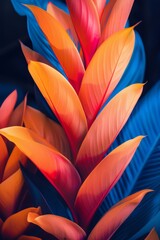 Fototapeta premium A close-up view of a vibrant, brightly colored tropical plant with striking orange and red leaves, contrasting beautifully against blue hues in a natural setting