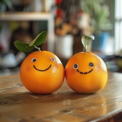 Two couple orange with smiley faces on a desk. International Friendship Day Concept.