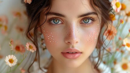 A stunning close-up portrait of a young person with captivating blue eyes, detailed freckles adorned with small pearls surrounded by blooming flowers