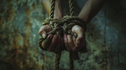 hands tied with rough rope against grungy background oppression and captivity concept abstract photography