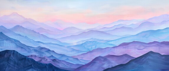 Blue and purple watercolor painting of mountain landscape.
