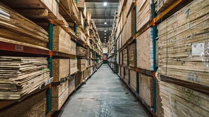 impressive warehouse aisle stocked with neatly organized rows of osb sheets showcasing the abundance of materials available for construction projects product photograph