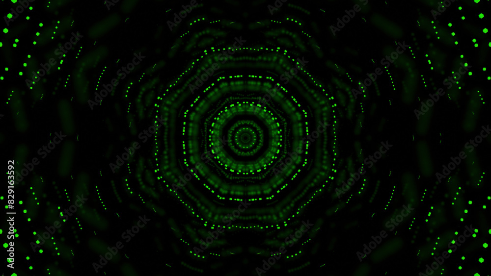 Poster moving kaleidoscopic pattern of dots. design. 3d animation with hypnotic pattern and moving dots. tu