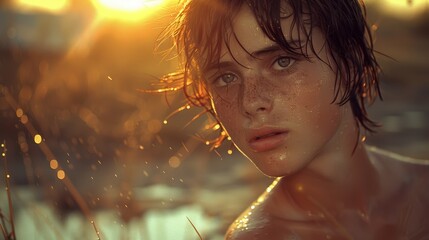 A young individual with wet hair stares intently into the camera during a golden hour moment, capturing the backlight of the setting sun and radiant water droplets on their face