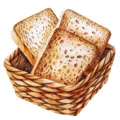 Homemade Two slices of whole grain bread in a wicker basket, watercolor illustration of food on a white background, hand drawn with watercolors. Generative