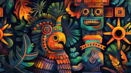 mural cultura maya estilo acuarela 
