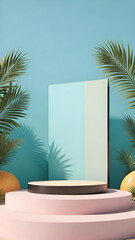 Fototapeta premium Summer theme background with empty podium for showing or placing product, cosmetic etc