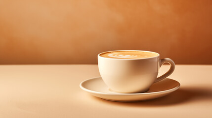 Warm Latte with Heart Foam Art on Light Brown Background