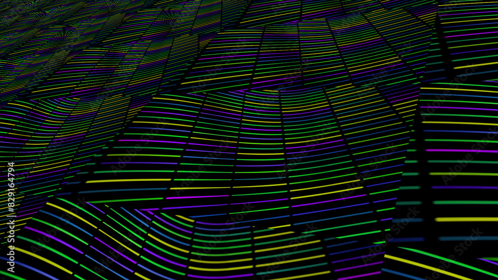 Poster gradient bright color led illuminated mosaic plaid pattern. animation. distorted wavy surface divide