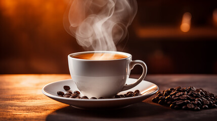 Fototapeta premium Hot Cup of Coffee with Steaming Aroma and Coffee Beans