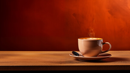 Obraz premium Hot Coffee with Latte Art on a Wooden Table