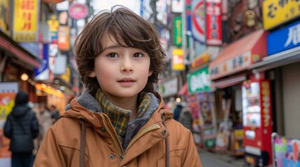 Fototapeta premium A young child wearing a brown jacket and a multicolored scarf stands amidst a bustling urban street filled with colorful store signs and blurred pedestrians