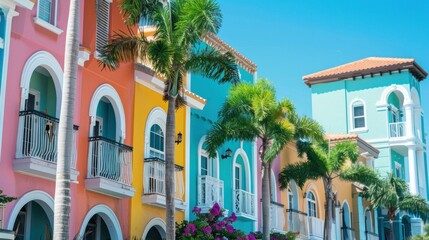 Colorful buildings and palm trees line the street in vibrant florida cityscape with travel and leisure vibes