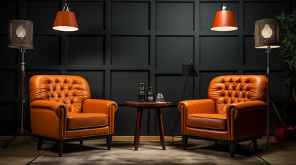 Stylish Lounge with Orange Leather Armchairs