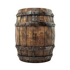 Obraz premium A wooden barrel, with metal edges and slats on the bottom, isolated white background, png.