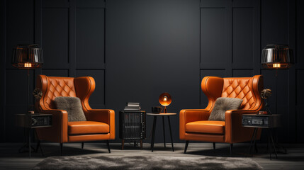 Modern Orange Leather Armchairs in Elegant Living Room