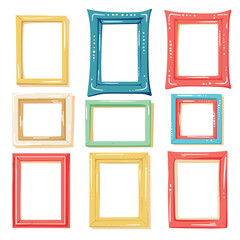 Collection colorful picture frames cartoon style isolated white background. Artistic gallery decoration concept vibrant colors. Doodle drawing photo frames interior design illustration artwork