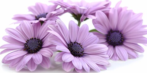 A close-up view of vibrant purple daisies in full bloom with intricate petals and dark centers, showcasing the delicate beauty of nature's floral design