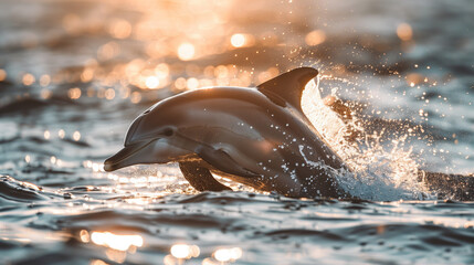 A dolphin swimming towards the surface, breaking through the water with a playful leap. Sunlight reflects off the dolphin's sleek body, creating a dynamic and lively scene.
