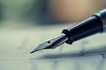 Naklejka premium Close-up view of an elegant fountain pen tip poised over handwritten text, capturing the essence of traditional writing and timeless stationery craftsmanship