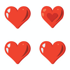 Four red hearts cartoon style isolated white background. Cute love symbols glossy reflections, Valentines Day, romance. Graphic valentine hearts set, bright primary color, shiny, relationship