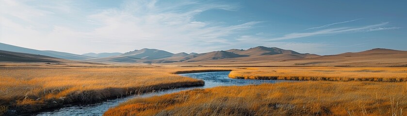Obraz premium A large, open field with a river running through it. The sky is clear and the sun is shining brightly. The scene is peaceful and serene
