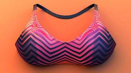 A brightly colored sports bra with a dynamic zigzag pattern design in pink and purple hues, displayed against a vibrant orange background to highlight its modern aesthetic