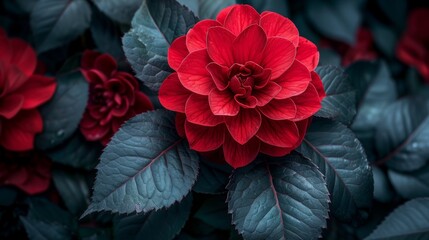 A captivating image of a vibrant red flower in full bloom, surrounded by lush, dark green leaves, showcasing the natural beauty and intricate details that make this close-up shot so visually stunning