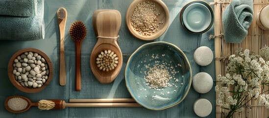 A table with various items including a toothbrush, a bowl of beans, and a bowl of salt