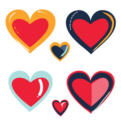 Six stylized hearts various sizes colors. Hearts feature different shades yellow, blue, red, accents. Assorted love symbols, graphic elements Valentines Day