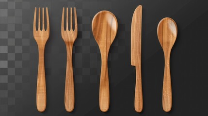 Set of Cutlery of wood wooden spoon, fork knife on transparent background 