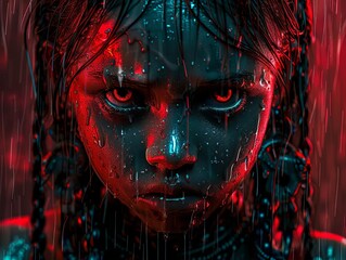 A little girl crying in the rain, her expression of despair amplified by the water dripping down her face