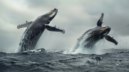 Obraz premium Two majestic humpback whales breaching the ocean's surface under a cloudy sky, showcasing nature's raw power and beauty.