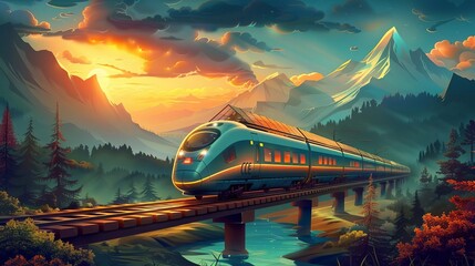 A modern train powered by overhead solar panels, traveling through a scenic route with renewable energy sources visible