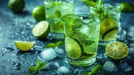 Fototapeta premium Mojito or virgin mojito long rum drink with fresh mint, lime juice, cane sugar and soda
