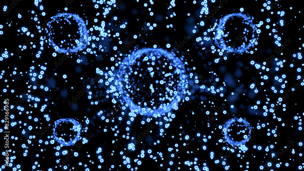 Poster animation with moving stream of bubbles and large circles. design. balls in space with distortion of
